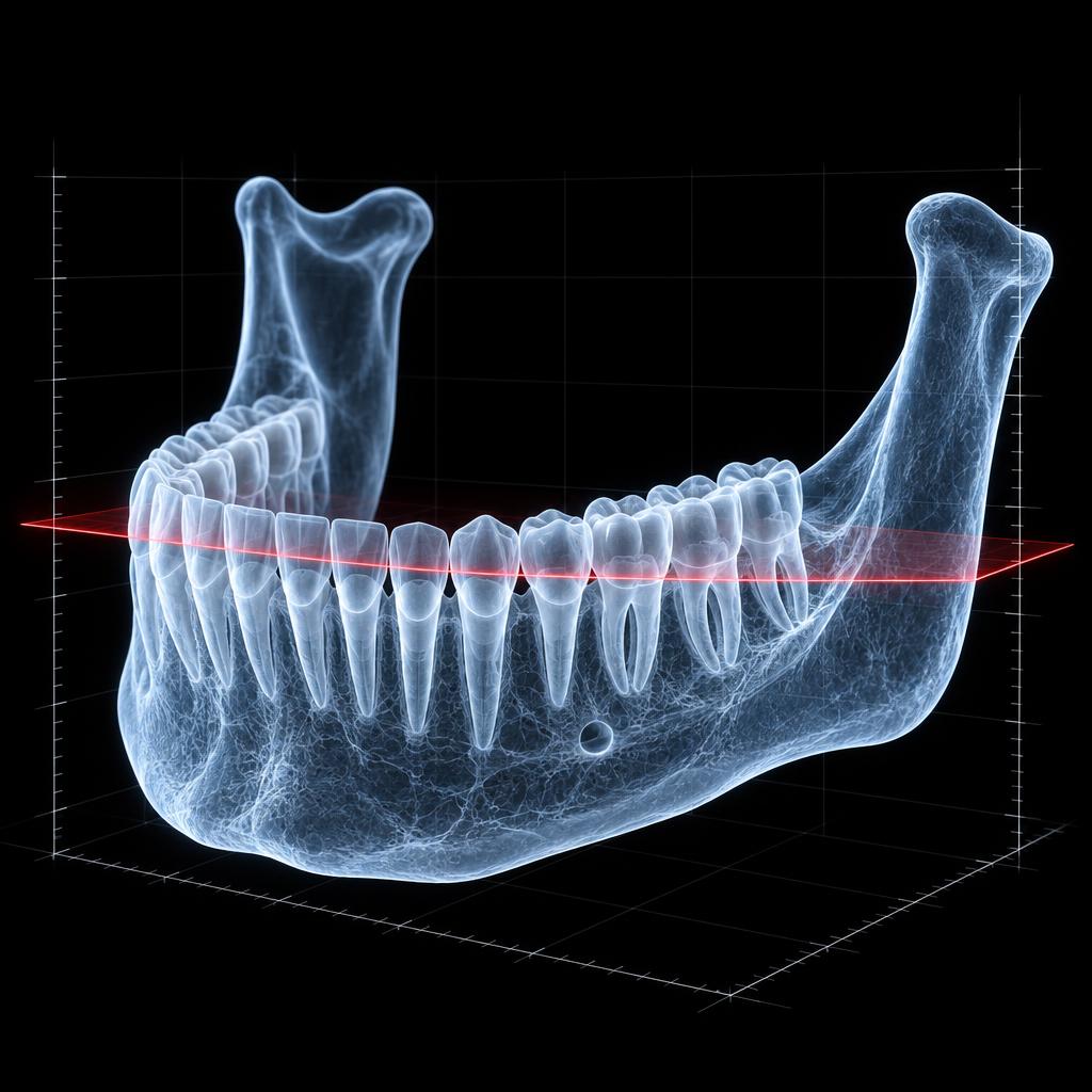 3D-DVT-Aufnahme: dreidimensionale Darstellung von Schädel, Kieferknochen und Zähnen mit roter Schnittebene